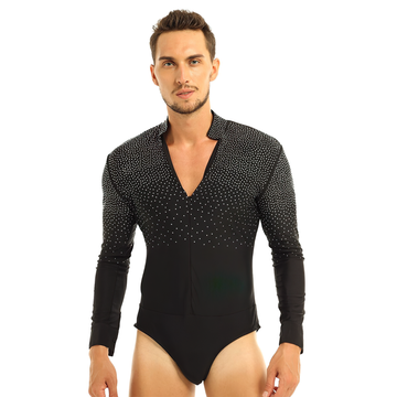 Men's One-Piece Shiny Rhinestones Leotard Bodysuit / Long Sleeve V-Neck Latin Tango Costume - EVE's SECRETS